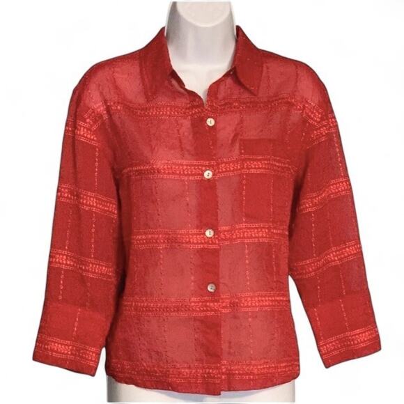 Vintage Chico’s Design Red Embroidered Eyelet Blouse Size S-M Button Up Top 90s - Picture 1 of 8